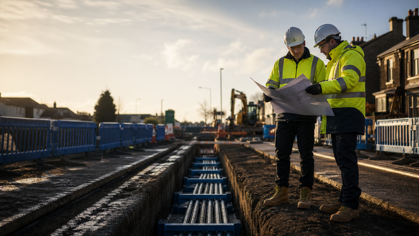 Electrical infrastructure works with engineers reviewing plans beside installed ducts